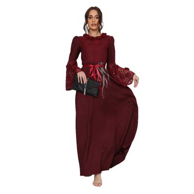 China 2022 foreign trade polyester fiber (polyester) wine red lace sequin Arab dress new Muslim women clothing for sale