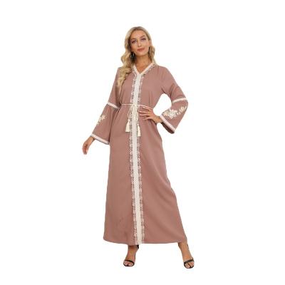 China 2022 New Arab Islamic Women Middle East Dubai Polyester Fiber (Polyester) Solid Color Waist Hot Flower Elegant Dress for sale