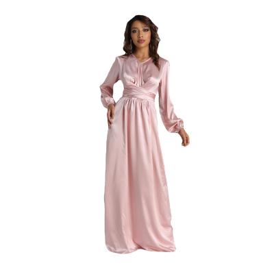 China Polyester (Polyester) Fiber Fashion Arab Dubai Middle East Islamic Costume Kaftan V-Collar Muslim Long Waist Skinny Elegant Dress for sale