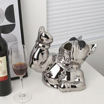 China Viable Wine Bottle Holder French Bulldog Style Dining Room Kitchen Hotel Restaurant Bar Art Decoration Ceramic Craft Creative Home Gift for sale