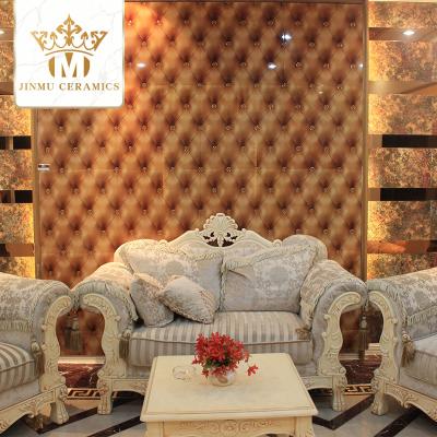 China Europe 600X600 Porcelain Imitation Leather Pattern Gilded Gold Polished Wall Tiles Crystal Glossy Ceramic Indoor High Grade Brick for sale