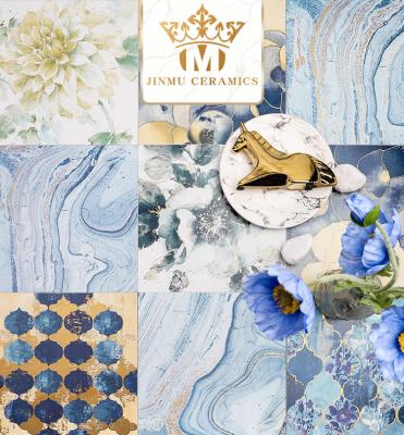 China 200X200 MEDITERRANEAN SEA blue matte ocean azure decorative tiles light gold porcelain tile luxury bathroom kitchen wall tile for villa hotel for sale