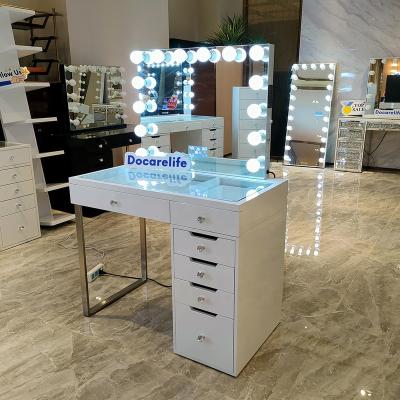 China (Other) Adjustable Stock In USA Bedroom Furniture Set Modern Glass Top Drawers Dressers Led Lighted Mirror Makeup Vanity for sale