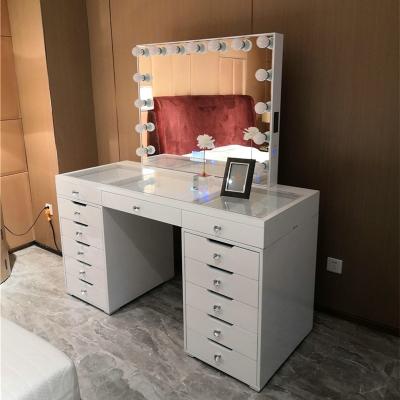 China (Others)Adjustable Stock in US Modern Bedroom Furniture Set Queen Vanity Mirror with Lights and White 13 Drawer Table Dresser for sale