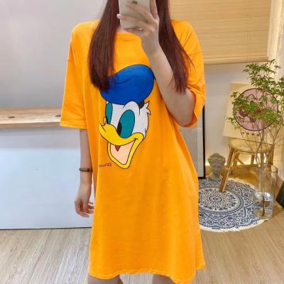 China New Fashion Style Ladies Homedress Long Nightgown Sleepwear Cartoon Breathable Cute Soft Night Dress Printing Solid Crew Neck Short Sleeve for sale