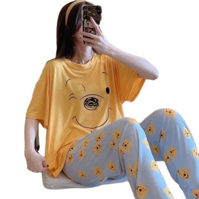 China New Soft Thermal Ladies Summer Shorts Long Sleeve Pants Cartoon Printing Crew Neck Fashion Casual Style Preppy Pajamas Set for sale