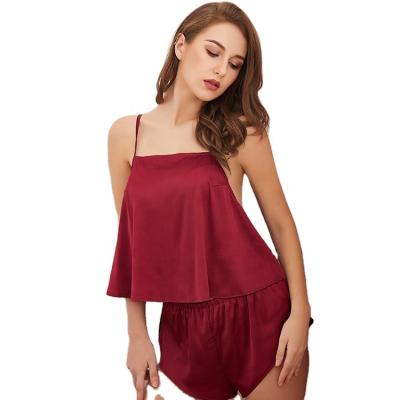 China Breathable Soft Summer Ladies Red Sleeveless Solid Woman Clothes Sleepwear Fashion Style Pijamas Satin Pajamas Woman Silk Pijamas Woman for sale