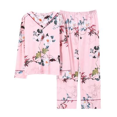 China Thermal Modal Pj Set New Soft Long Sleeve V-Neck Long Pants Pajamas Woman Clothes Fashion Style Casual Style Floral Pink Pajamas Set for sale