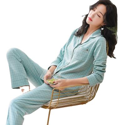 China New Breathable 2020 Brand Women's Pajamas 100% Pure Cotton Cardigan Button Tops Leisure Lightweight Long Sleeves Plaid Pijamas for sale