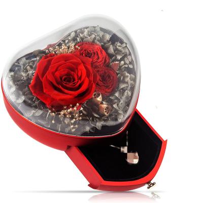 China Wedding Flower Arrangements Yuntu Handmade Eternal Roses In Ring Jewelry Gift Box Rose ForMother's Day Birthday Valentine Heart Shaped Acrylic for sale