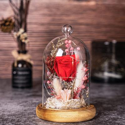 China Wedding Flower Arrangements Yuntu Wholesale Preserved Eternal Lasting LED Light Roses in Glass Dome for Valentine's Day Gift Mother's Day for sale