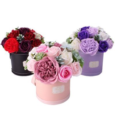 China Wedding Amazon Home Decoration Party Valentine's Day Gift Set Best-Selling Soap Rose Round Bucket Artificial Flower With PVC Gift Box for sale