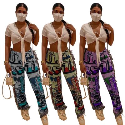 China Newest Design Fringe Floral Print Cover Up Pants Women Wide Leg Pants Waterproof Fashionable Stretchy Women Pants With Fringe for sale