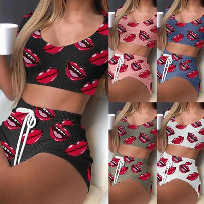 China QUICK DRY lip print bestselling tight home wear 2 pieces set women summer shorts sleeve T-shirt shorts women lounge to wear two piece set for sale