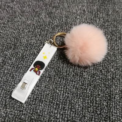 China Wholesale Acrylic Plastic Pom Pom Ball Grabber Card Key Chain Puller Credit Card Key Chain For Long Nails for sale