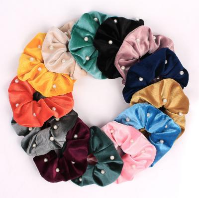 China Women's Wide Solid Logo Scrunchies Custom 13 Pearl Ponytail Holders Color Available Whole Luxury Hair Scrunchiesr Logo Scrunchies Custom Velvet Pearl Scrunchies for sale