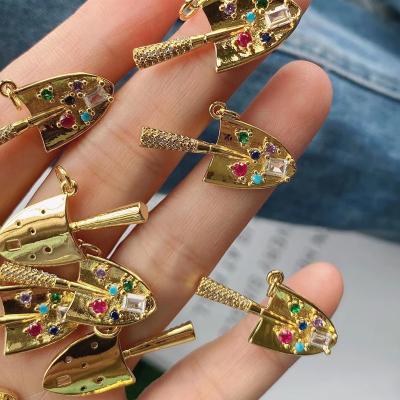 China NEW Fashion Design TRENDY Colorful Gold Plated Brass Shovel Shape Micro Cubic Zircon Shovel Charm Pendant For Necklace for sale