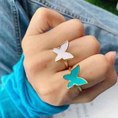 China FASHIONABLE Enamel Butterfly Fashion Open Ring For Women 18K 18K Gold Plated Brass Zirconia Ring Adjustable for sale