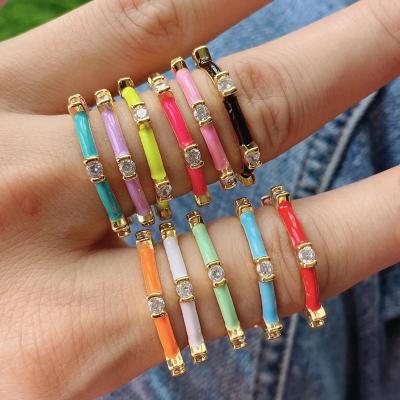 China Trendy Simple Design Color Jewelry Trendy Neon Rings Enamel Coated Brass Crystal Colorful Adjustable Rings for sale