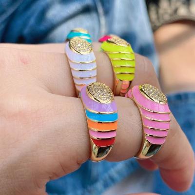 China 2021Fashion Rainbow Trendy Couple Enamel Color Sign Zircon Big Finger Ring For Jewelry for sale