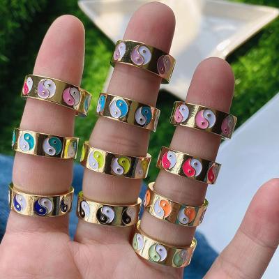 China FASHIONABLE Tasty Fashion Multicolor Enamel Oil Drop Chunky Gold Plated Yin Yang Taiji Open Adjustable Finger Rings Jewelry Findings Supply for sale