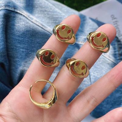 China Cute Smile Hollow Brass Pattern Color INS Fashion Adjustable Ring, Happy Face Cute 18K Gold Cute Ring Charm Jewelry Wholesale for sale