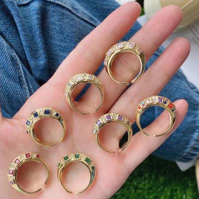 China Fashion TRENDY Color INS Glass Brass Multi Color Gold Plated Emerald White Zircon Cuban Finger Rings for sale