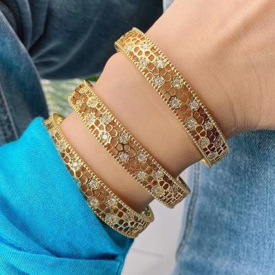 China TRENDY Fashion Rainbow Color Hollow Out Bangle Retro Micro Cubic Zircon Pave Cuff Bangle For Round Shape 18K Gold Plated Bangle for sale