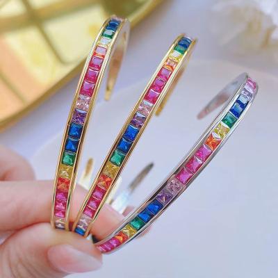 China TRENDY Neon Bangle Colorful Rainbow Painted Cuff Bangle Adjustable Brass CZ Gold Plated Zircon Paved Bangle Jewelry for sale