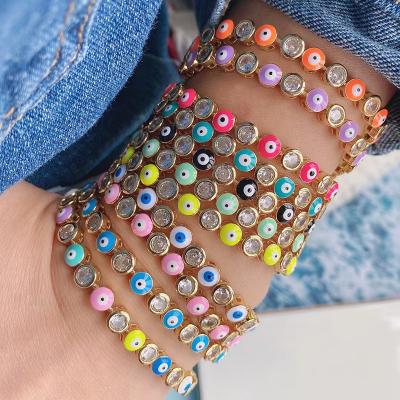 China FASHIONABLE Zircon Enamel Evil Eye Beads Link Chain, Adjustable Gold Chain Bracelet Jewelry, Rainbow Enamel Round Eyes Charm Link Chain for sale