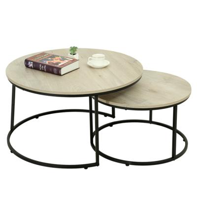 중국 Rustic finish industrial circular set with two coffee tables with wooden top and metal base 판매용