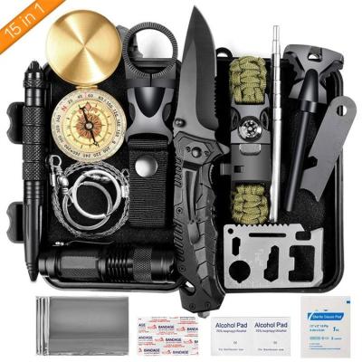 China Multifunctional 15 in 1 Travel Outdoor Camping Increasing Survival Tactical Kit Survival Kit Set First Aid Rescue Survival SOS Kit for sale