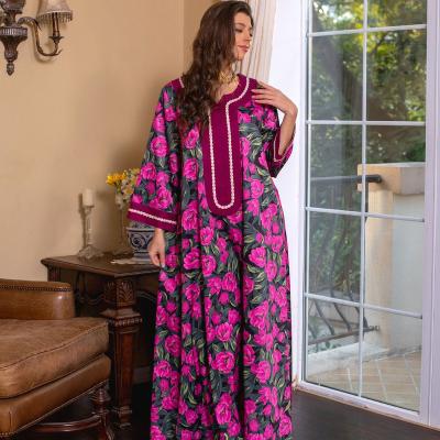 China 2022 Gami Indonesia Eid Printed Floral Woman Modest Polyester Fiber Abaya Dress for Lady Traditional Muslim Clothing for sale