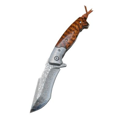 China High Quality Non-variable Handmade Damascus Steel Snake Wood Handle Folding Knives Leather Outdoor Camping Sheath Pocket Knife Ball Bearing for sale