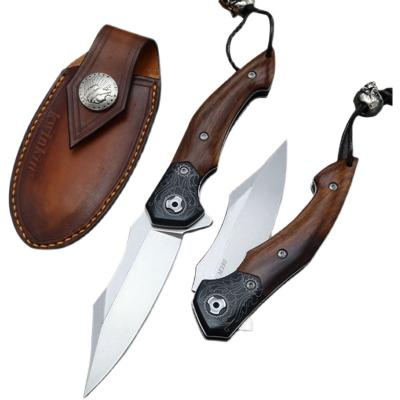 China Austria M390 Blade Desert Ironwood Handle High Quality Non-Variable Handmade Folding Knives Leather Sheath Pocket Knife Ball Bearing Outdoor for sale