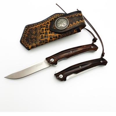 China Desert Ironwood Handle Austria M390 Handmade Non-variable Steel Folding Knives Leather Sheath Pocket Knife Ball Bearing Outdoor Camping Knife for sale