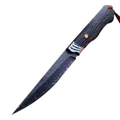 China Damascus Non-variable Straight Knife Handmade Nordic Style With Sheath Leather Camping Cutter Outdoor Hunting Utility Knives for sale