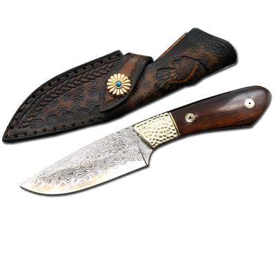 China Non-variable Damascus straight fixed knife handmade high hardness with sheath leather camping EDC self-defense tool outdoor hunting knives for sale