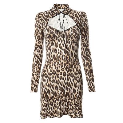 China Breathable Lace V Neck Women's Hollow Out Sleeved Leopard Print Ruffled Long Dress for sale