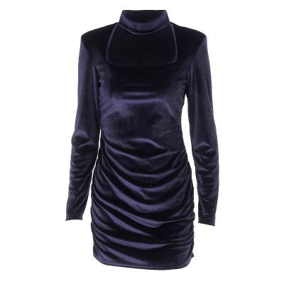 China Women's Velvet High Neck Breathable Hollow Epaulet Long Sleeve Pleated Slim Fit Hip Dress for sale