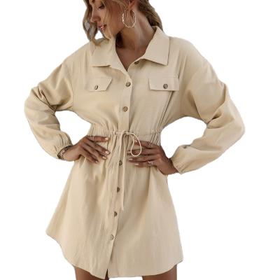 China Fashion Breathable Single Breasted Drawstring Shirt Dress Women Single Double Pocket for sale