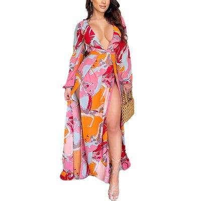 China Anti-Static Long Sleeve Printed Plus Size V Women's Maxi Dress Casual Deep Split Trend Women's Dress for sale