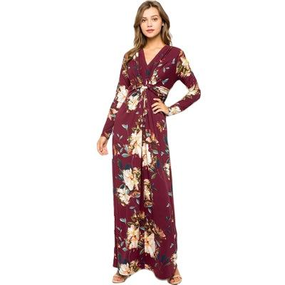 China Factory wholesale women's long sleeve plus size v neckline floral knitted dress anti-static maxi for sale