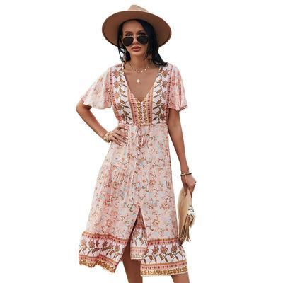 China Breathable Bohemian Short Sleeve High Slit Drawstring V-Neck Women's A-Line Dress for sale