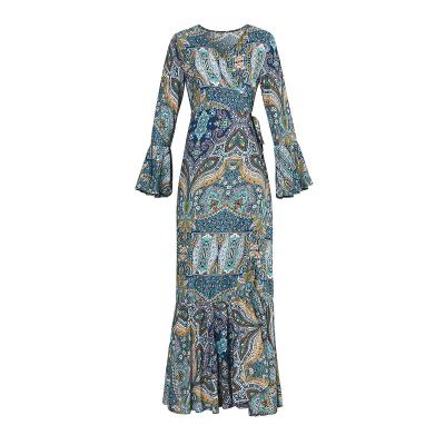 China Women's High-Waist Long Sleeve Deep V-Neck Floral Bohemian Floral A-Line Dress for sale