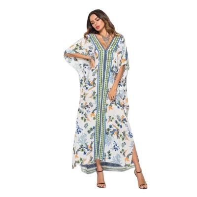 China Breathable Women's V Neck Batwing Long Sleeve Floral Loose Dress Bohemian Dress for sale