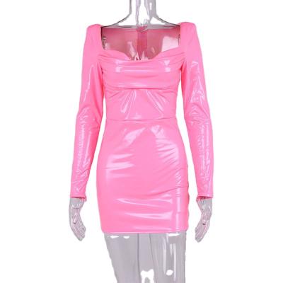 China Women's Square Collar Breathable PU Low Epaulet Cut Out Full Bodycon Patent Leather Wrap Dress for sale