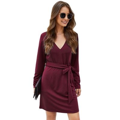 China Solid Color Breathable V-neck Belt Thin Women's Long Sleeve Casual Dress for sale