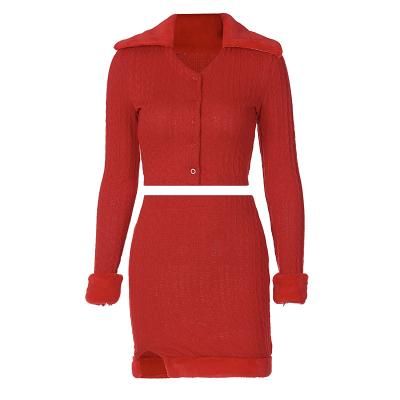 China Women's Breathable Christmas Red Fur Collar Knitted Bag Hip Top Skirt High Waist Two-Piece Suit for sale