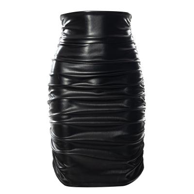 China New style of women's breathable drop pleated PU hip pencil skirt faux leather skirt for sale